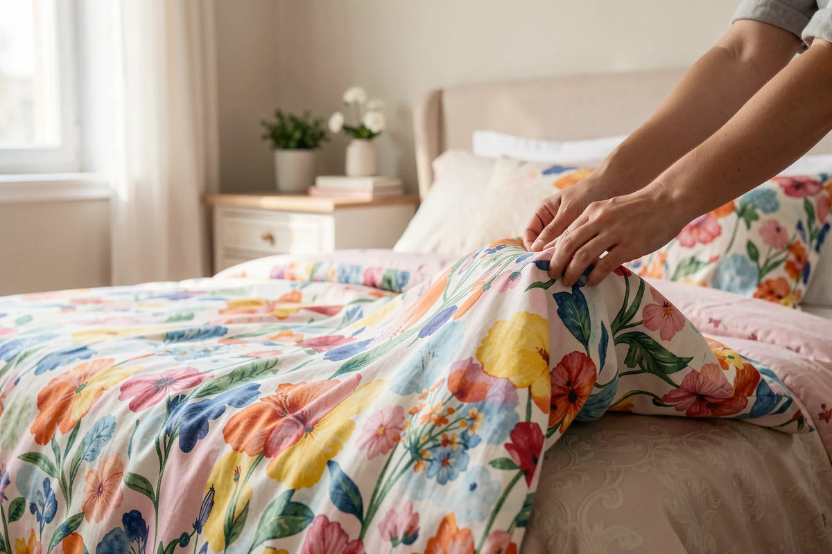Gedrukt katoenen percale dekbedovertrek zorgvuldig opgemaakt op een bed in een moderne slaapkamer, illustrerend onderhoud en zacht wassen om kleuren en zachtheid te behouden.