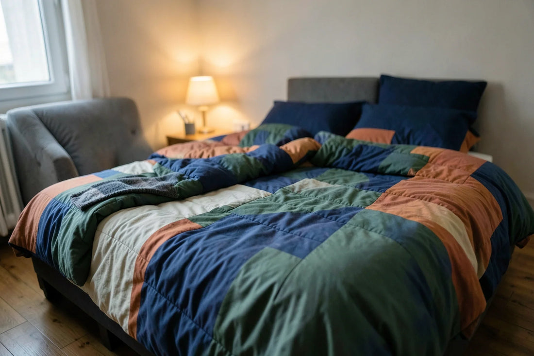 Lit double avec housse de couette colorée dans une chambre cocooning moderne, créant une ambiance propice au sommeil et à la détente.