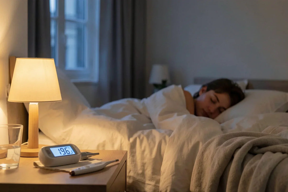Jeune adulte dormant paisiblement dans une chambre réglée à 18–19°C avec un thermomètre sur la table de nuit, illustrant la température idéale pour un bon sommeil.