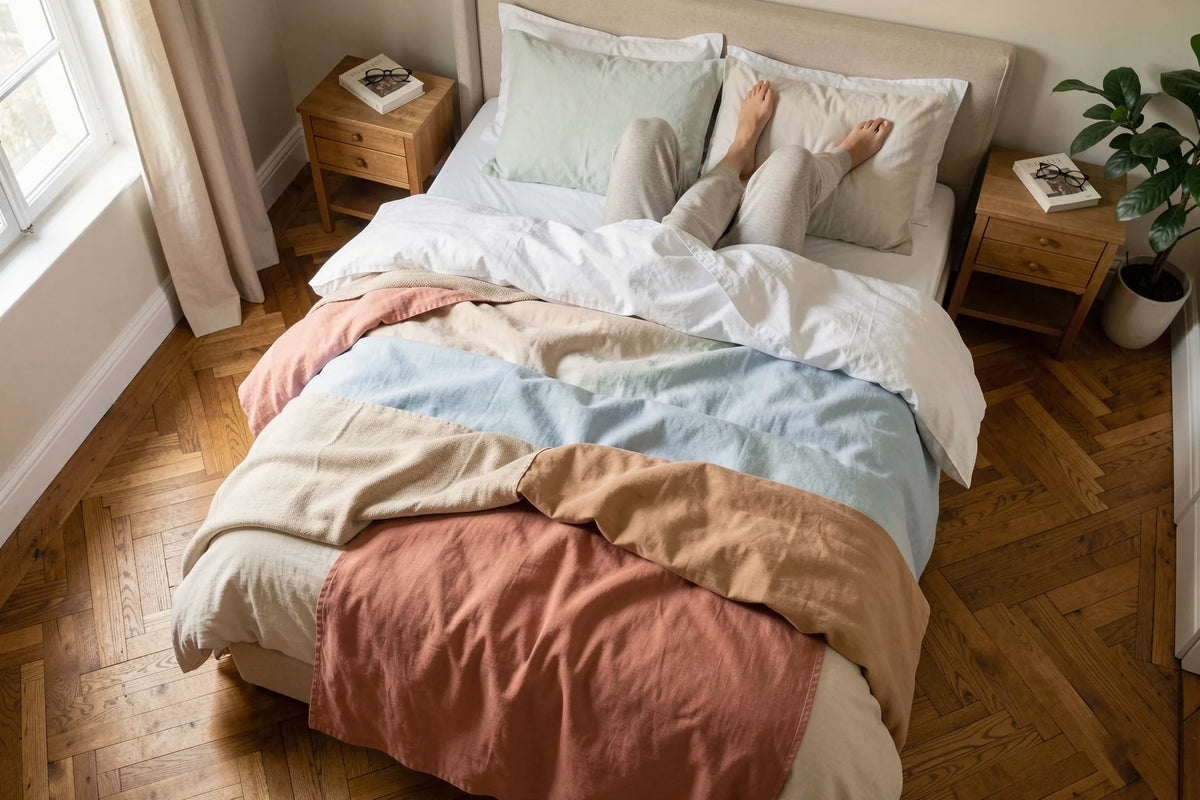 Luchtbeeld van een slaapkamer met verschillende gestapelde dekbedovertrekkie die de verschillende seizoenen doen denken, illustrerend de keuze voor een comfortabele beddengoed geschikt voor elk seizoen.