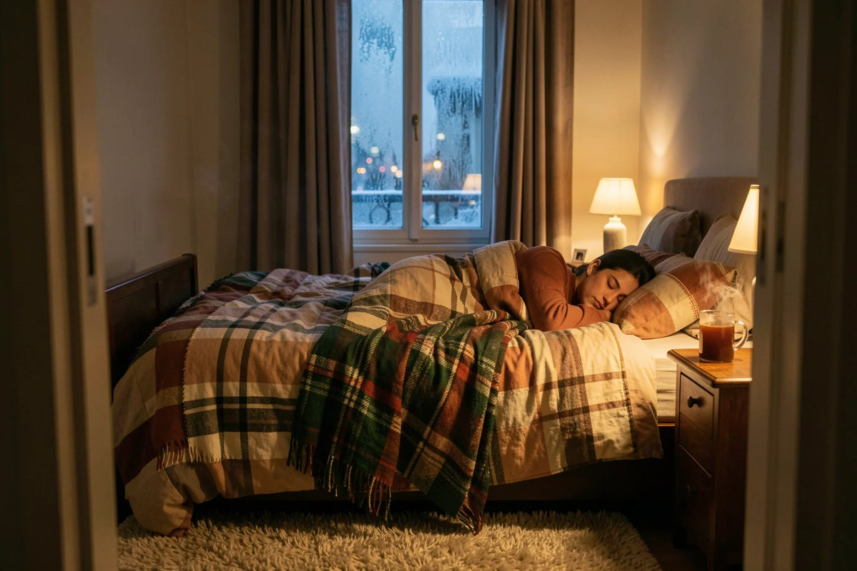 Gezellige winterslaapkamer met goed geïsoleerd bed, dekbed en plaid over elkaar, thermische gordijnen en een kop thee om warm te slapen zonder de verwarming te oververhitten.