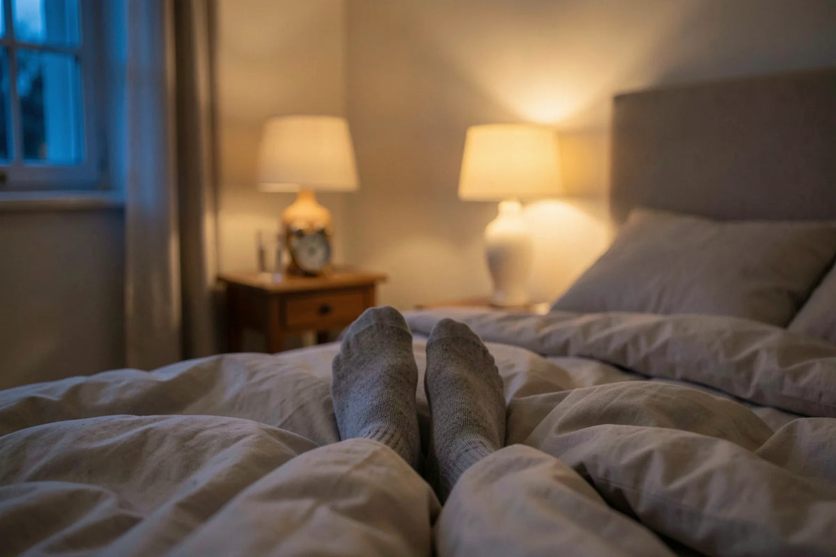 Iemand liggend in bed met wollen sokken, donkere gezellige kamer, illustrerend de impact van opgewarmde voeten op het in slaap vallen en de slaapkwaliteit.