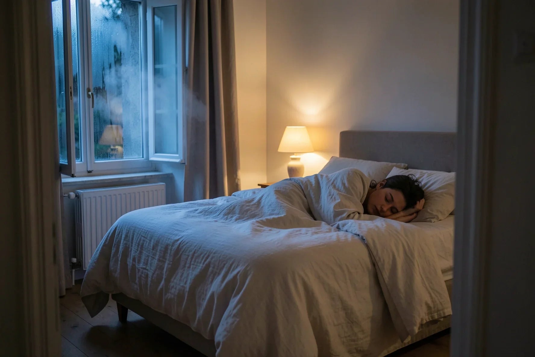 Chambre à coucher française de nuit avec fenêtre entrouverte et personne dormant paisiblement dans une literie confortable, illustrant le confort hygrothermique optimal pour un meilleur sommeil.