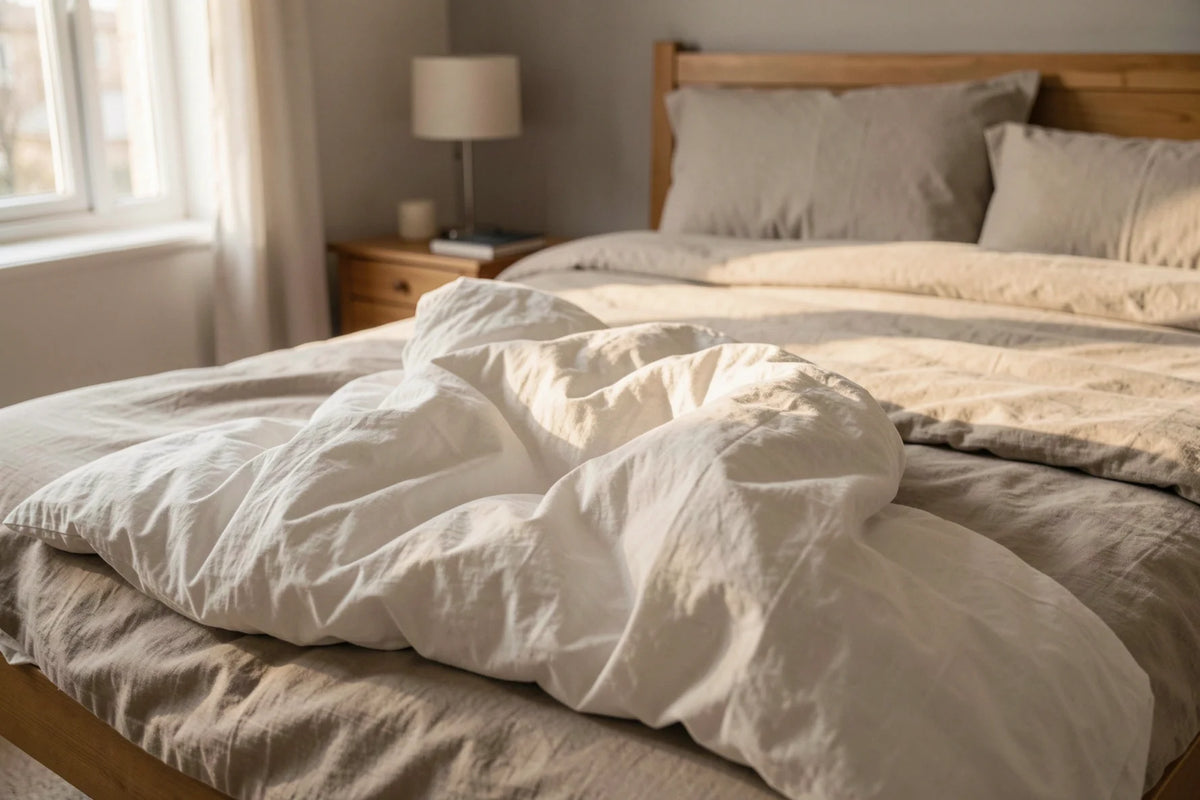 Dekbed in een bal aan het voeteneind van een tweepersoonsbed in een Franse slaapkamer, illustrerend het probleem van een dekbed dat tijdens de nacht verschuift.