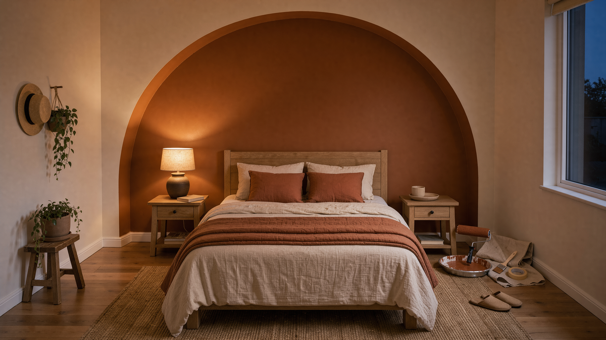 Une arche terracotta peinte derrière un lit transforme une chambre chaleureuse.