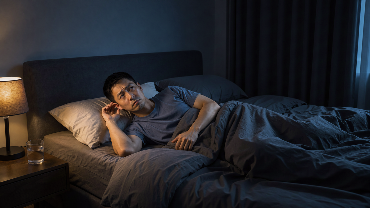 Une personne éveillée dans une chambre silencieuse, gênée par un acouphène au moment de dormir.