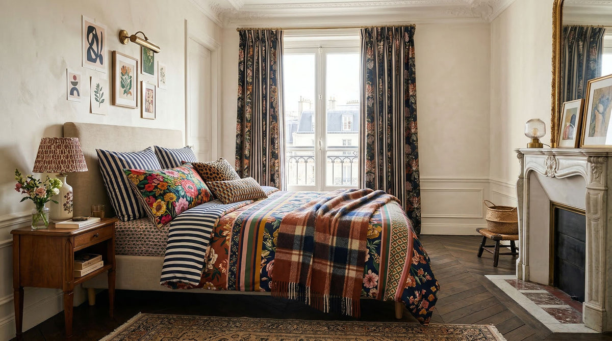 Tweepersoonsbed in een moderne kamer met gedrukt dekbedovertrek, kussens, dekentje en gordijnen met gevarieerde maar harmonieuze motieven.