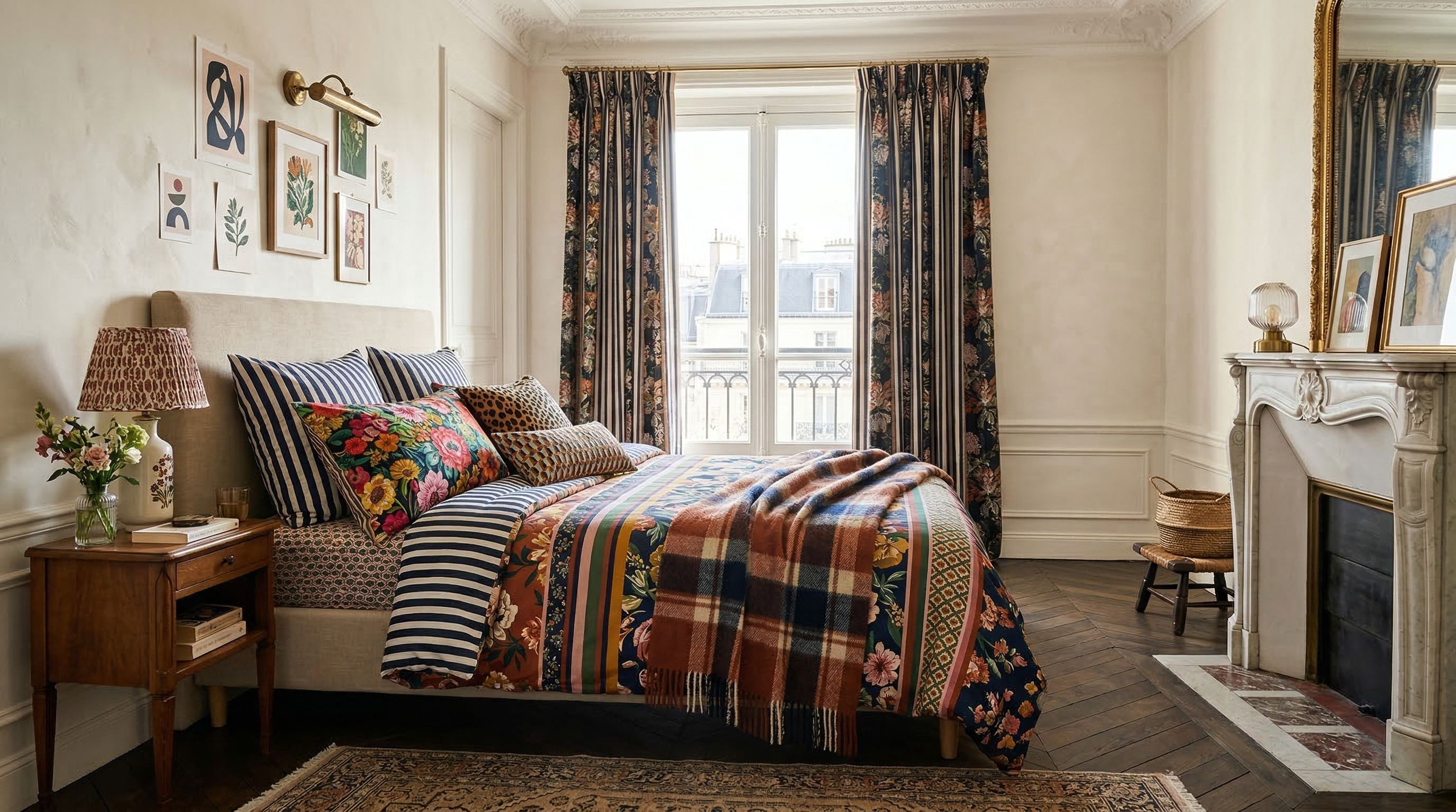 Lit double dans une chambre moderne avec housse de couette imprimée, oreillers, plaid et rideaux aux motifs variés mais harmonieux.