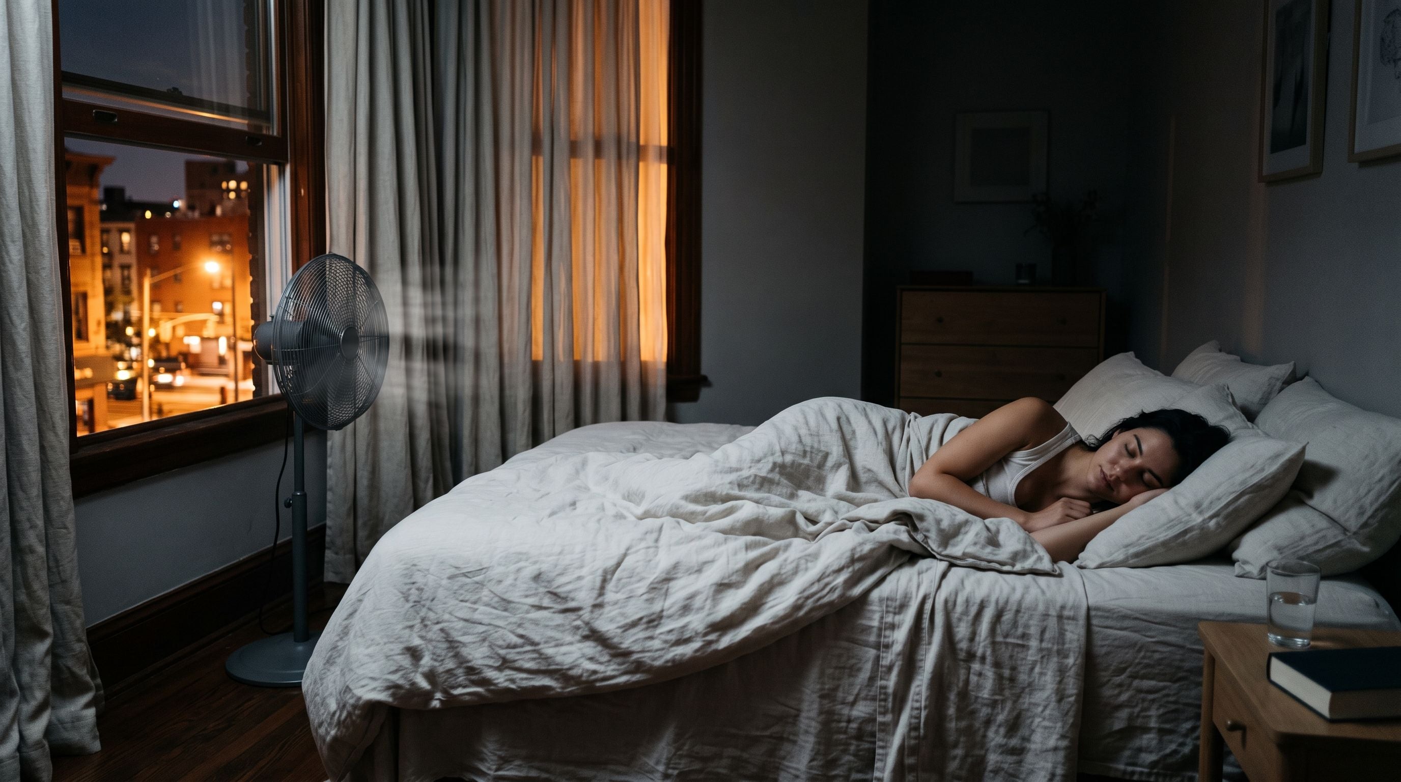 Chambre d’été fraîche avec fenêtres entrouvertes, ventilateur en marche et draps clairs, où une personne dort paisiblement sans climatisation pendant la canicule.