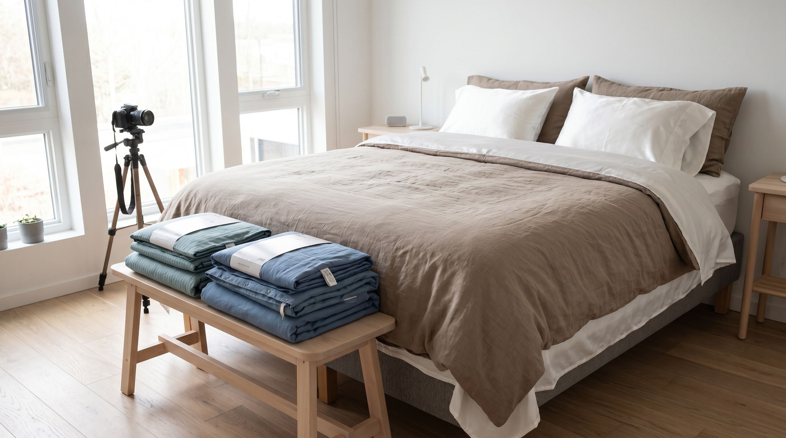 Lit double dans une chambre scandinave avec housse de couette IKEA 220x240 cm et parures pliées au pied du lit pour un test comparatif.