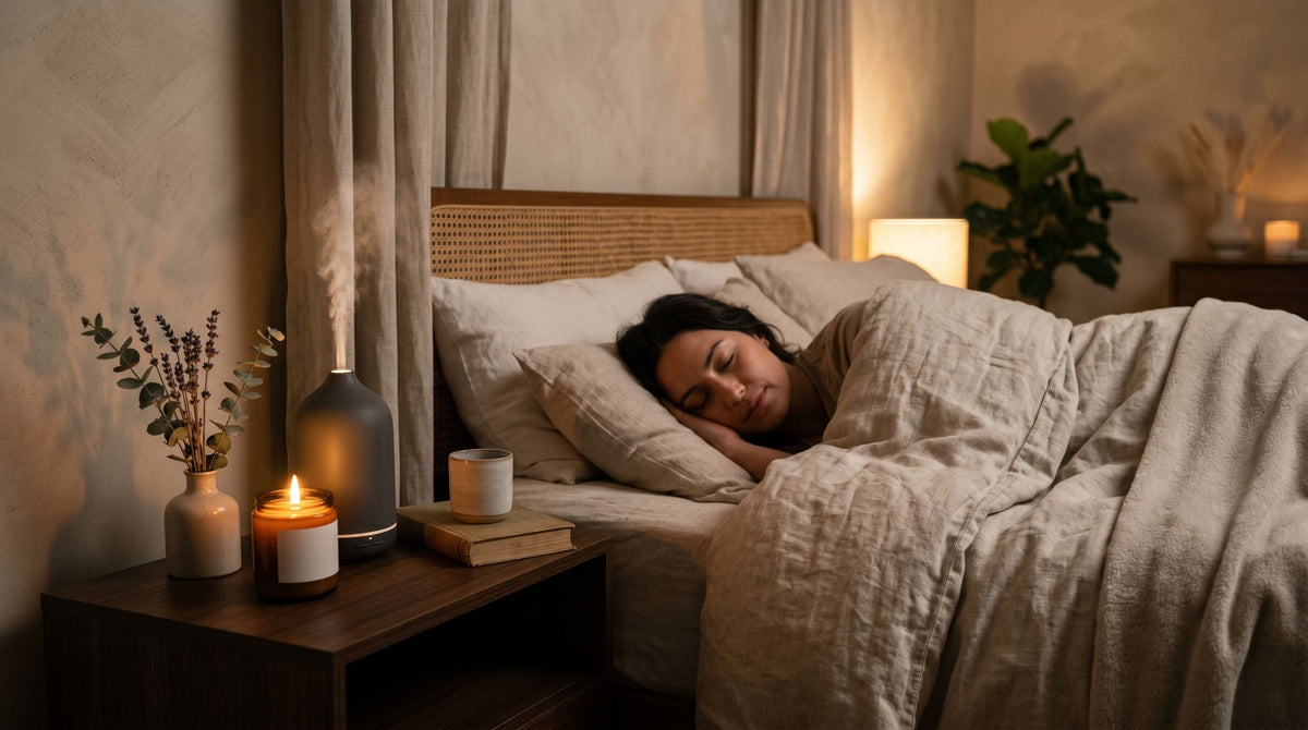 Modern dimly lit bedroom with a candle, diffuser, and flowers near the bed of a sleeping person, illustrating the impact of scent on sleep quality.