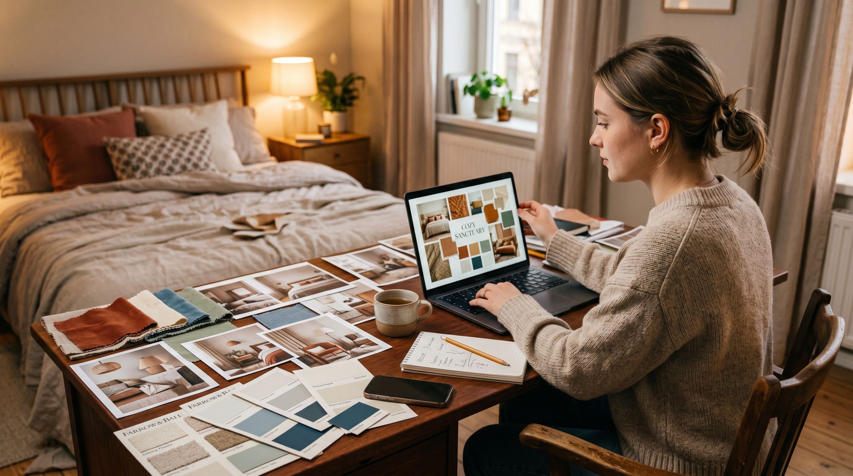Jeune adulte assis à un bureau en train de créer un moodboard de chambre sur un ordinateur portable, avec des photos imprimées, des échantillons de tissu et un nuancier de couleurs, une chambre cosy en arrière-plan.