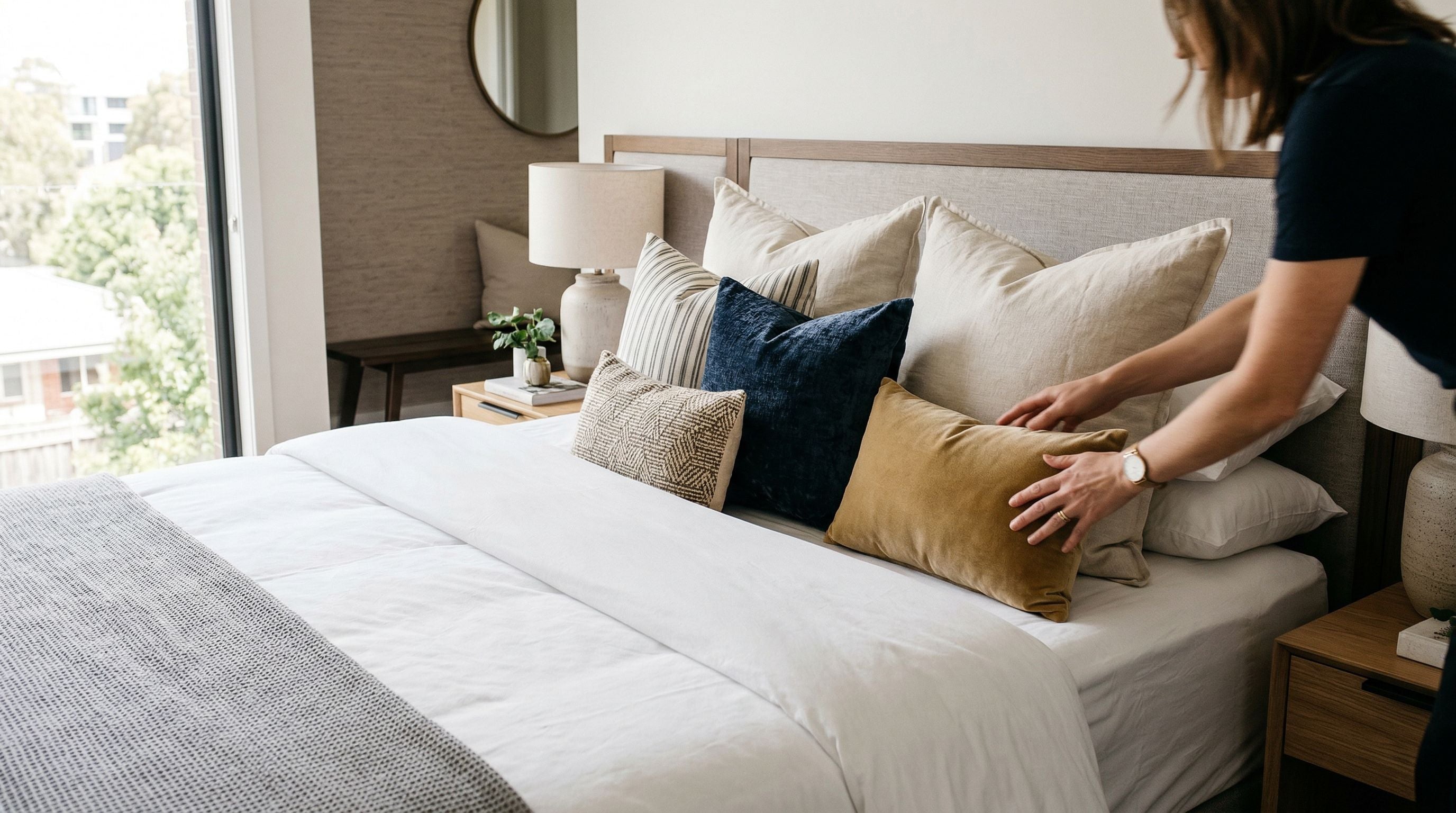 Lit double dans une chambre contemporaine avec de nombreux coussins décoratifs disposés façon hôtel de luxe, mains ajustant le dernier coussin.