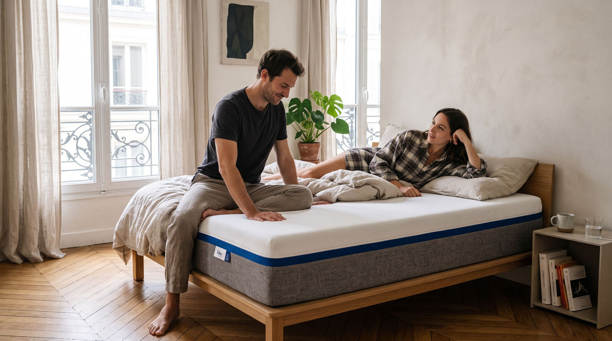 Un couple teste le matelas Tediber dans une chambre lumineuse après un mois de nuits d’essai.