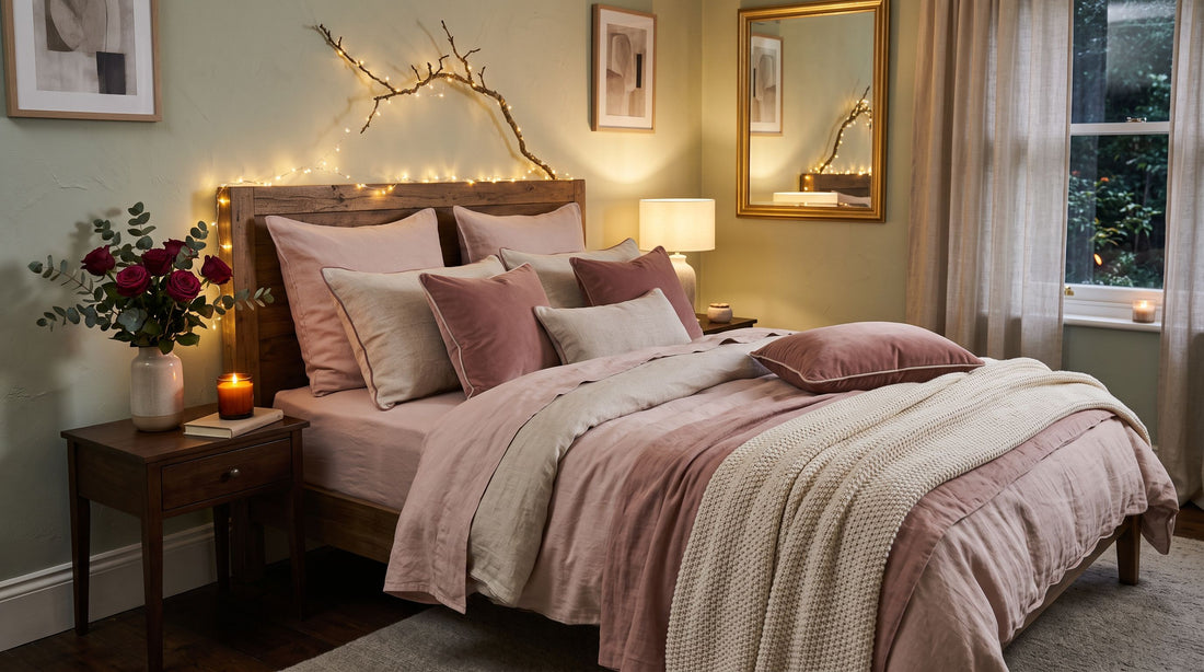 Lit double avec une belle housse de couette dans des tons doux, décoré pour une soirée de Saint-Valentin dans une chambre d’adulte chaleureuse.