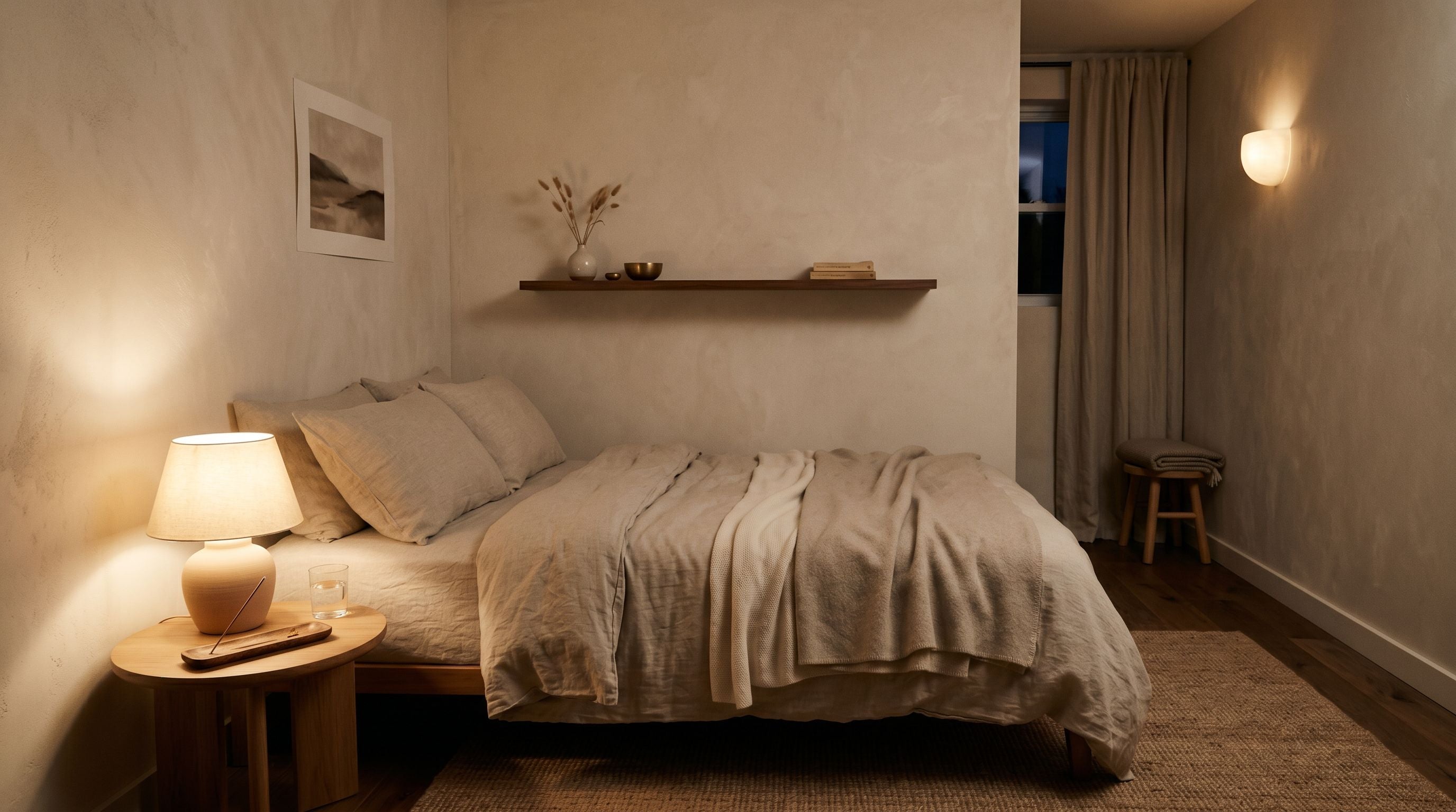 Chambre capsule minimaliste avec lit en lin naturel, éclairage chaud en couches et une dizaine d’éléments déco coordonnés dans une palette terreuse apaisante.