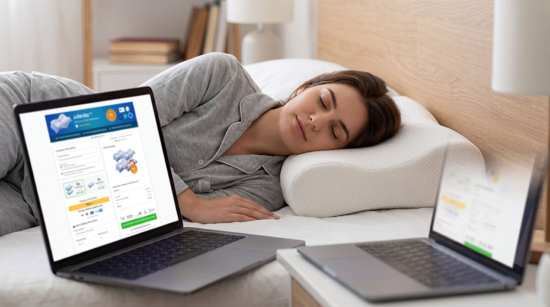 Personne allongée de côté avec la tête posée sur l’oreiller Derila en forme de papillon, un ordinateur portable ouvert sur le site officiel derila.com à côté du lit.