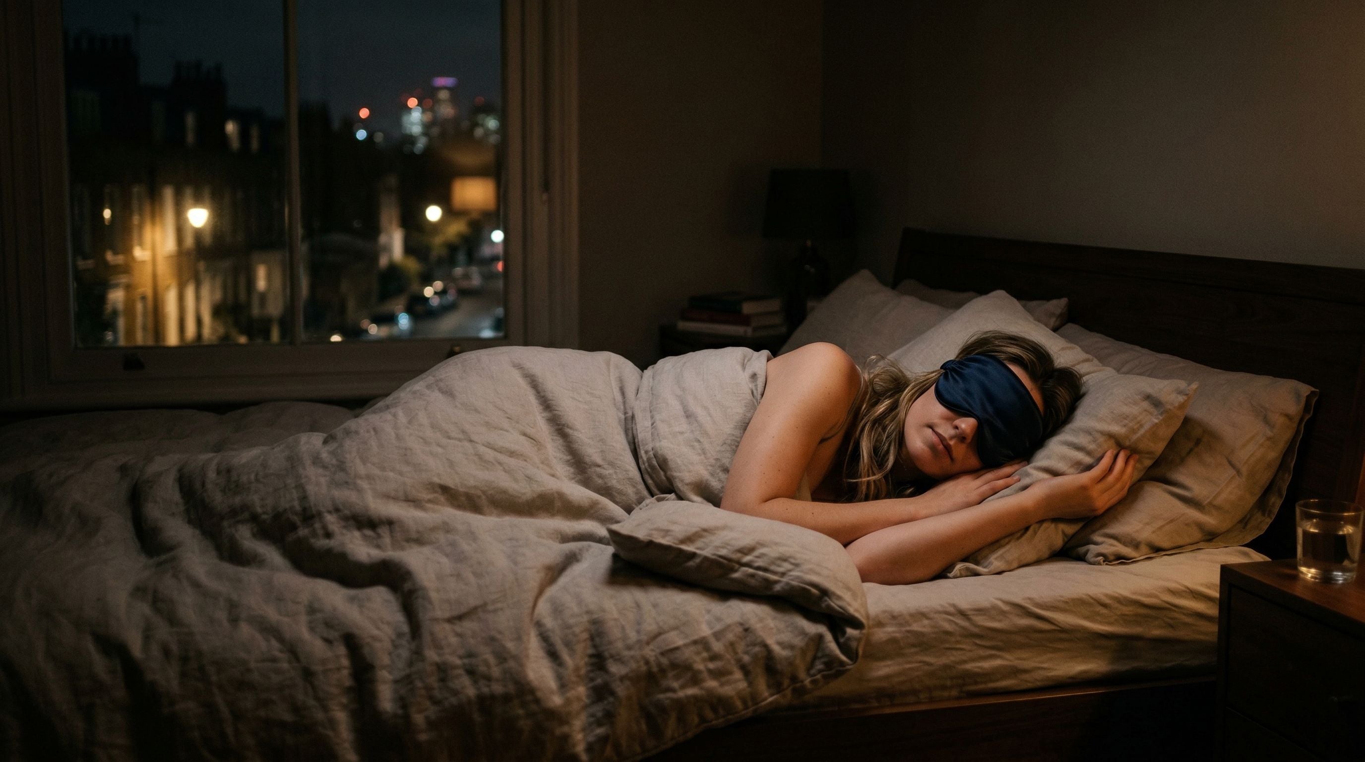 Personne dormant paisiblement dans une chambre sombre avec un masque de nuit en soie, tandis que les lumières de la ville filtrent par la fenêtre.