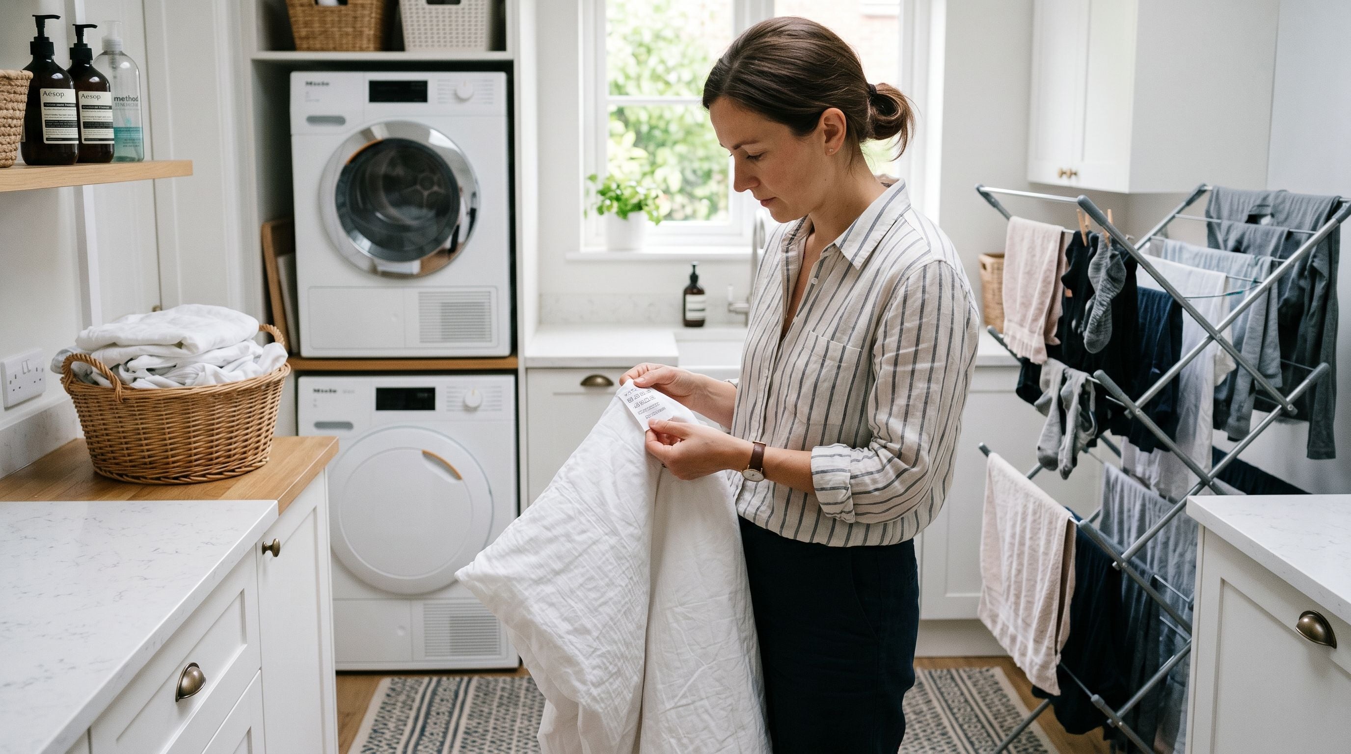 Personne lisant l’étiquette d’entretien d’une housse de couette dans une buanderie avec sèche-linge et étendoir en arrière-plan.