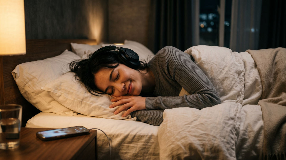 Persona distesa in un letto scuro e accogliente con cuffie, occhi chiusi e aria distesa, uno smartphone poggiato accanto suggerisce l'ascolto di ASMR per ridurre lo stress e favorire il sonno.