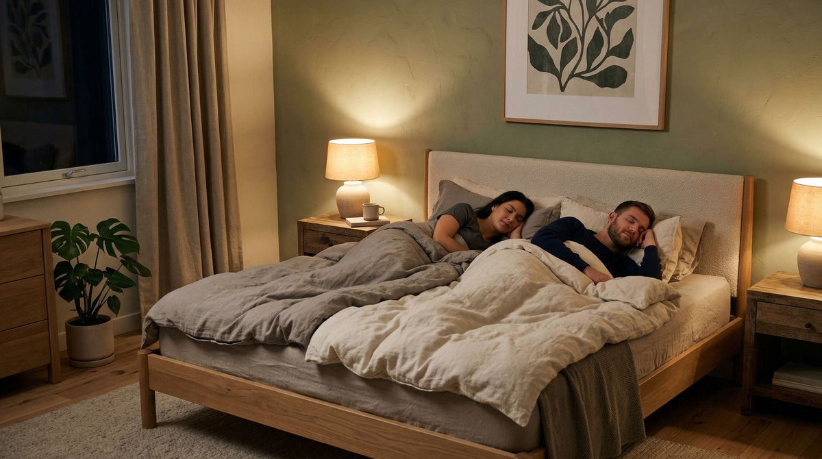 Paar slaapt rustig in een slaapkamer in Scandinavische stijl met twee aparte dekbedden op één groot bed.