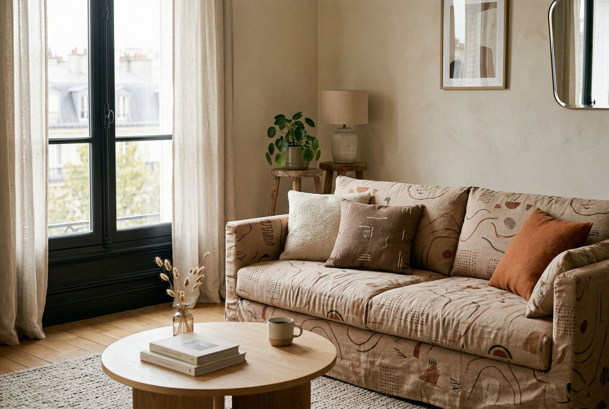 Minimalist, warm living room with a sofa dressed in a printed cover in terracotta, mocha, and sand tones, the focal point of the room.
