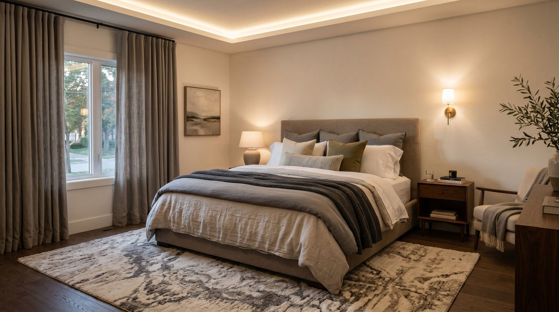 Chambre adulte élégante avec lit habillé de lin lavé et de percale, superposition de plaids et coussins, tapis épais et rideaux tombant du plafond au sol dans une ambiance de quiet luxury.
