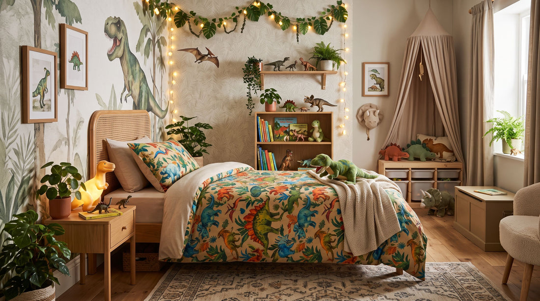 Chambre d’enfant décorée sur le thème des dinosaures avec un lit une place habillé d’une housse de couette dinosaure colorée et des jouets préhistoriques.