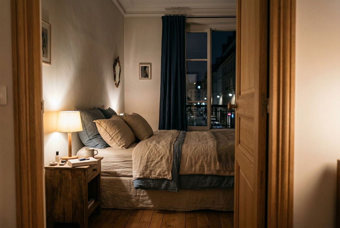 Chambre pro-sommeil en France avec lit en matières naturelles, lampe de chevet à lumière chaude et rideaux occultants créant une ambiance nocturne apaisante