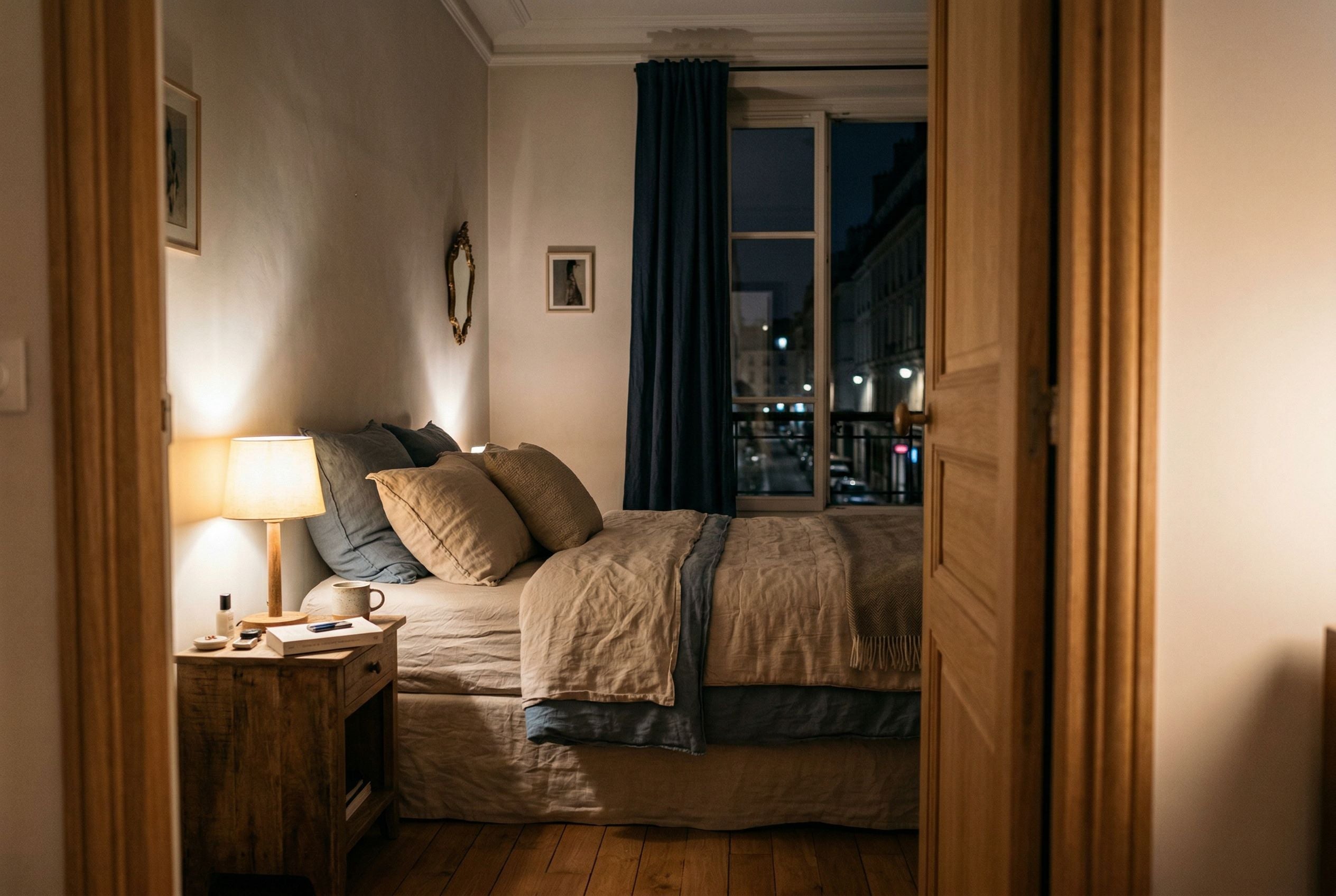 Chambre pro-sommeil en France avec lit en matières naturelles, lampe de chevet à lumière chaude et rideaux occultants créant une ambiance nocturne apaisante