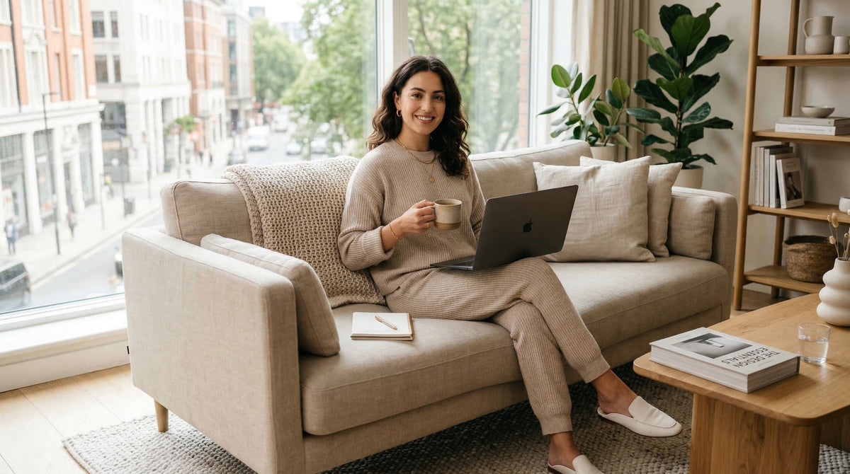 Junge Frau trägt ein koordiniertes und elegantes Loungewear-Set in einem modernen, hellen Salon, sitzt auf einem Sofa mit bequemem aber stilvollem Auftreten.