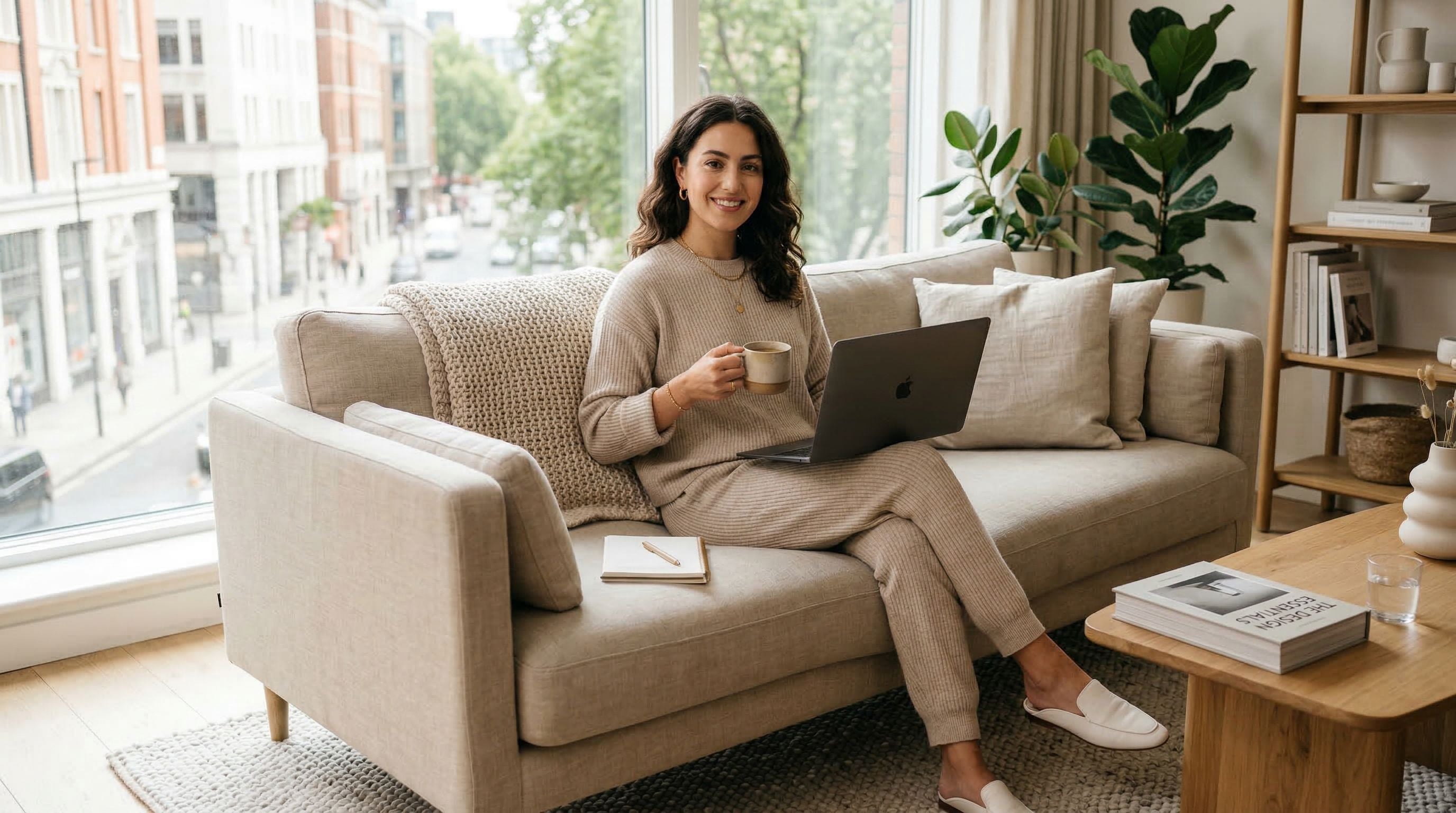Jeune femme portant un ensemble loungewear coordonné et élégant dans un salon moderne et lumineux, assise sur un canapé avec une allure confortable mais stylée.