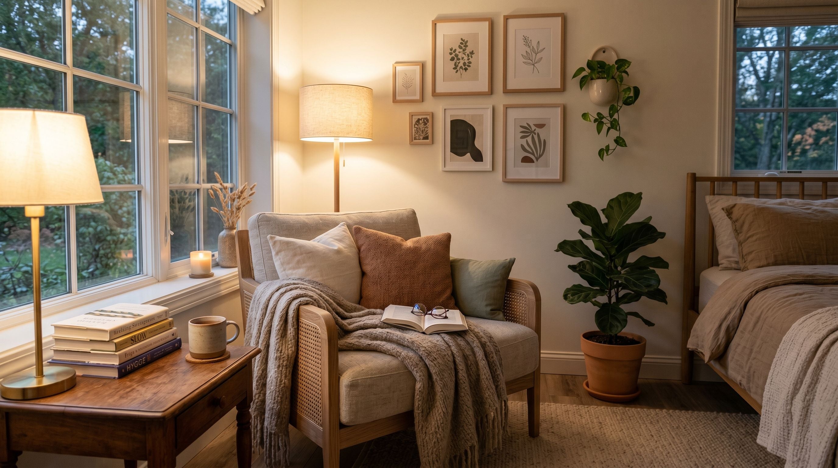 Coin lecture slow life dans une chambre moderne avec fauteuil confortable, plaids et lumière chaude, ambiance cocooning en 2026.