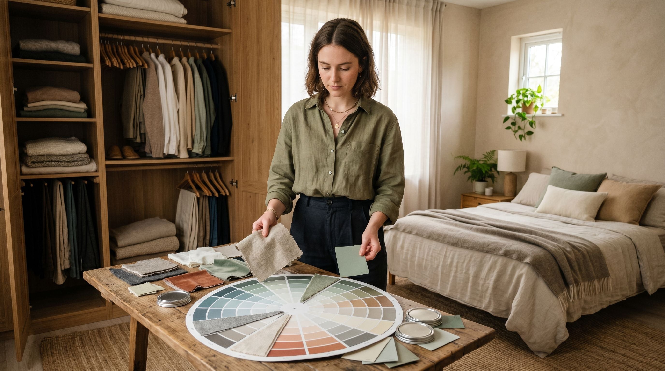 Personne comparant des échantillons de tissus et de peinture devant une garde-robe ouverte et un coin de chambre pour choisir une palette grâce à la colorimétrie.