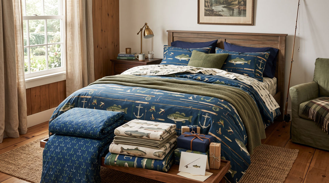 Chambre d’adulte chaleureuse avec une housse de couette pêcheur sur le lit et des paquets cadeaux pour la fête des pères ou un anniversaire.