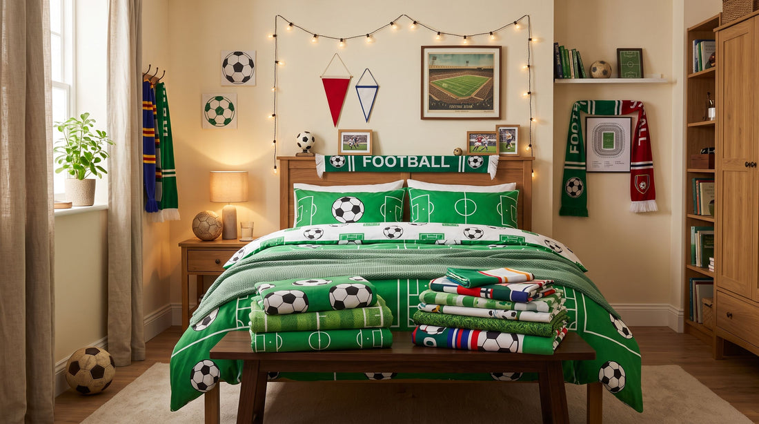 Lit d’une chambre moderne habillé d’une housse de couette de foot avec motifs de ballon et de terrain, entouré de quelques parures pliées prêtes à offrir à un passionné.