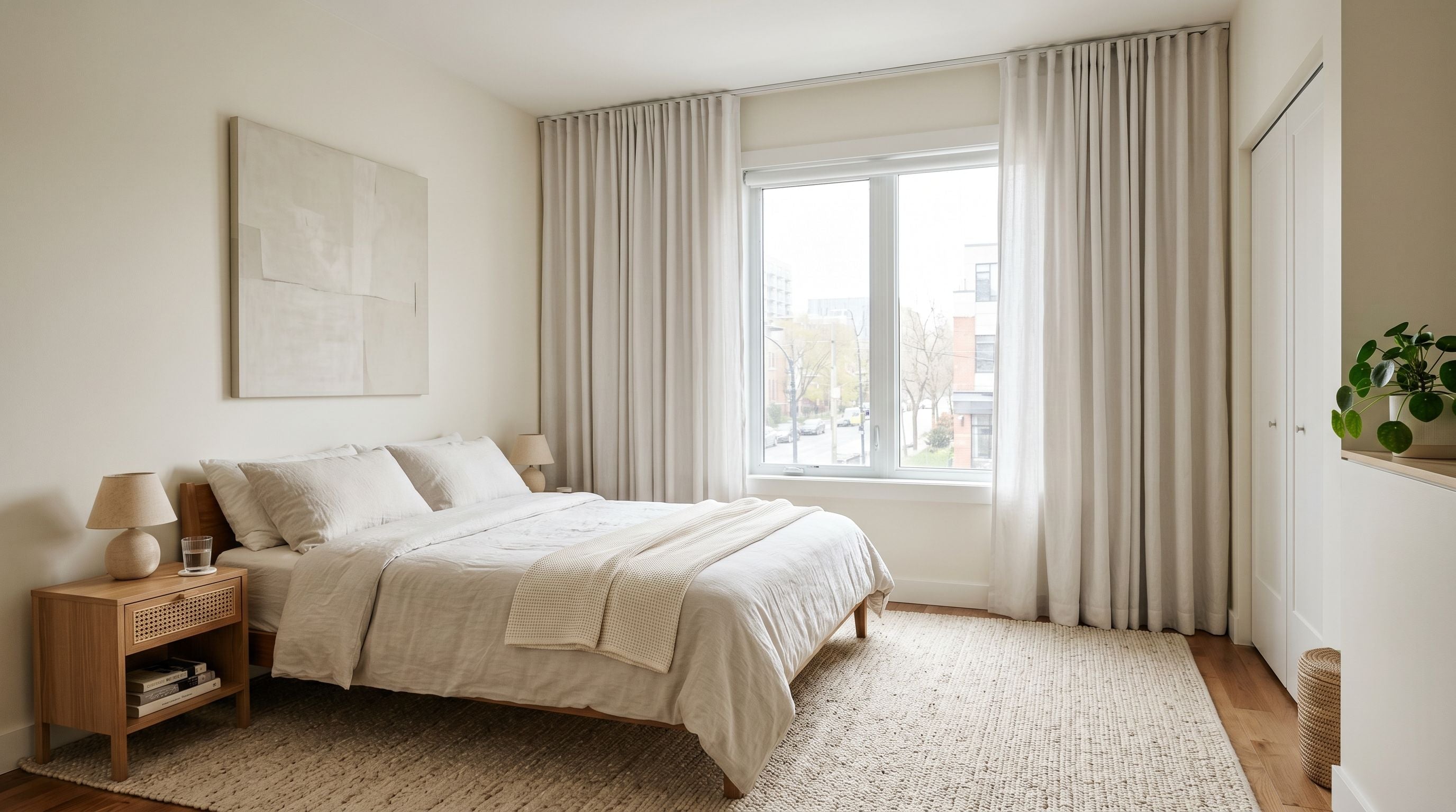 Petite chambre lumineuse avec rideaux montés près du plafond, linge de lit ton sur ton et grand tapis clair qui agrandissent visuellement l’espace.