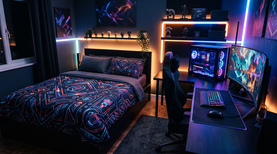 Chambre moderne de gamer avec un lit double habillé d’une housse de couette au motif gaming et un setup PC RGB en arrière-plan.