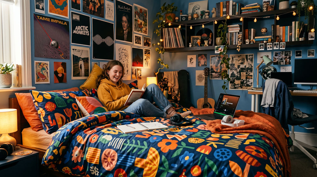 Chambre d’ado contemporaine où une housse de couette imprimée colorée change l’ambiance sans déplacer les affaires ni la déco.