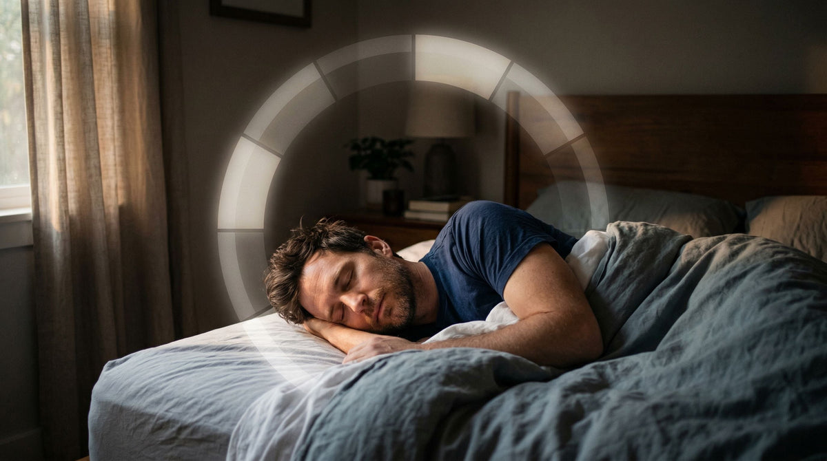 Persoon die vredig slaapt in een donkere kamer met zacht ochtendlicht, wat regelmatige slaappatronen suggereert