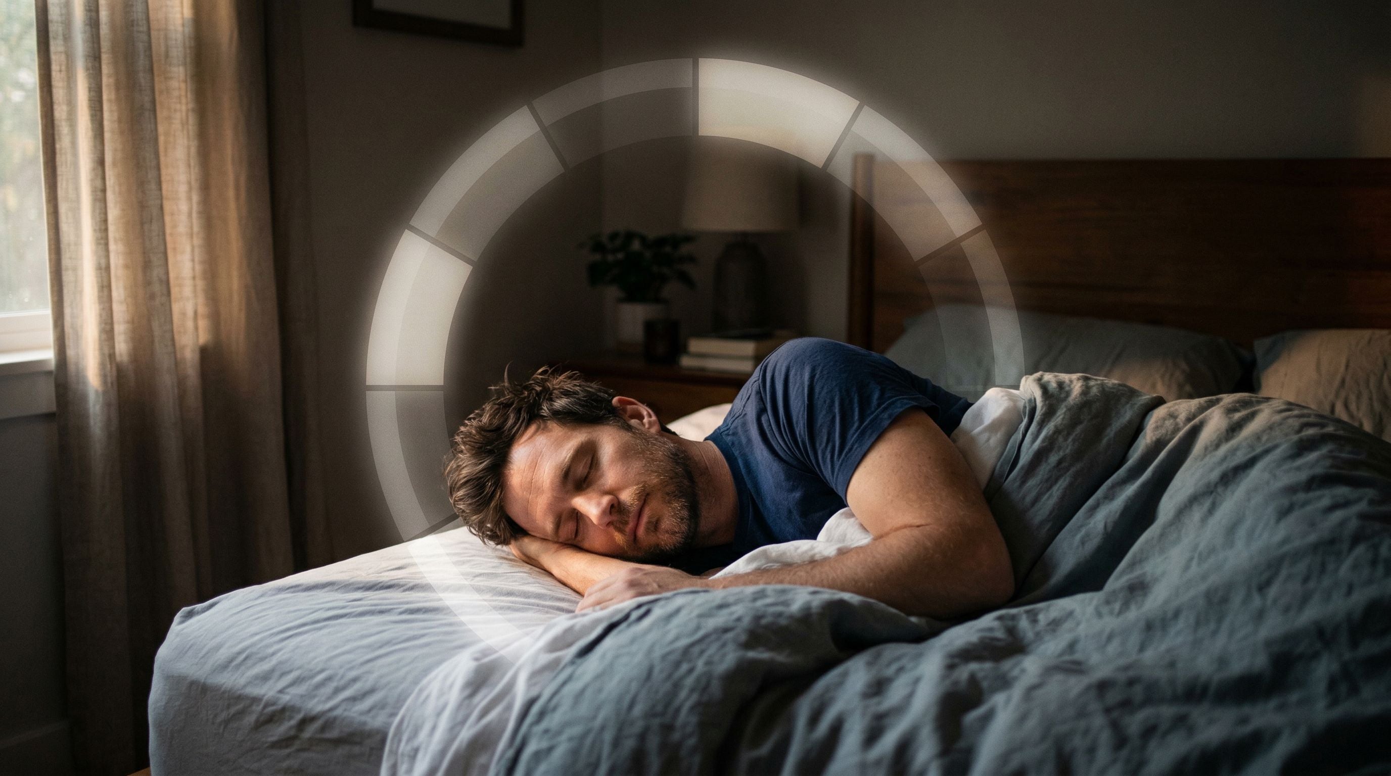 Personne dormant paisiblement dans une chambre sombre avec une lumière du matin douce suggérant des cycles de sommeil réguliers