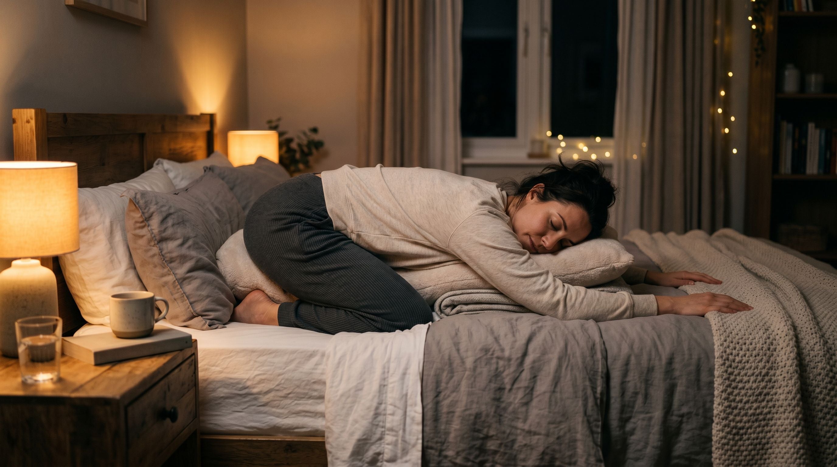 Personne en tenue confortable réalisant une posture de yoga doux sur son lit dans une chambre tamisée pour favoriser l’endormissement.