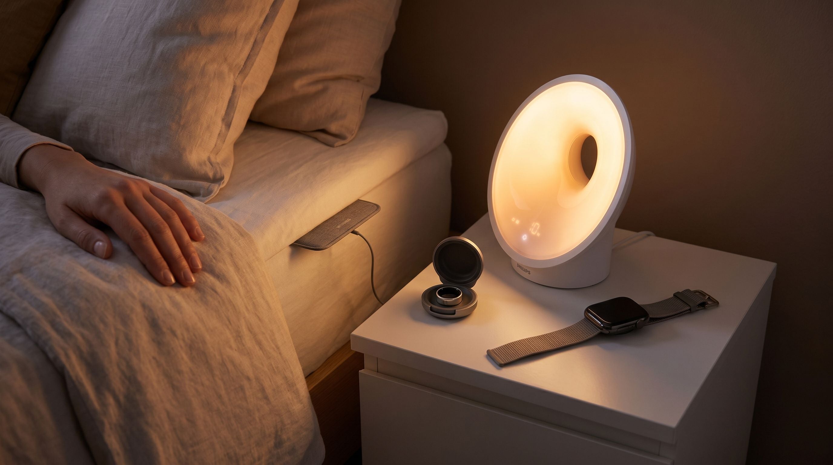 Chambre moderne avec bague connectée, montre de suivi du sommeil, capteur sous-matelas et réveil lumineux posés sur une table de nuit pour lutter contre l’insomnie.