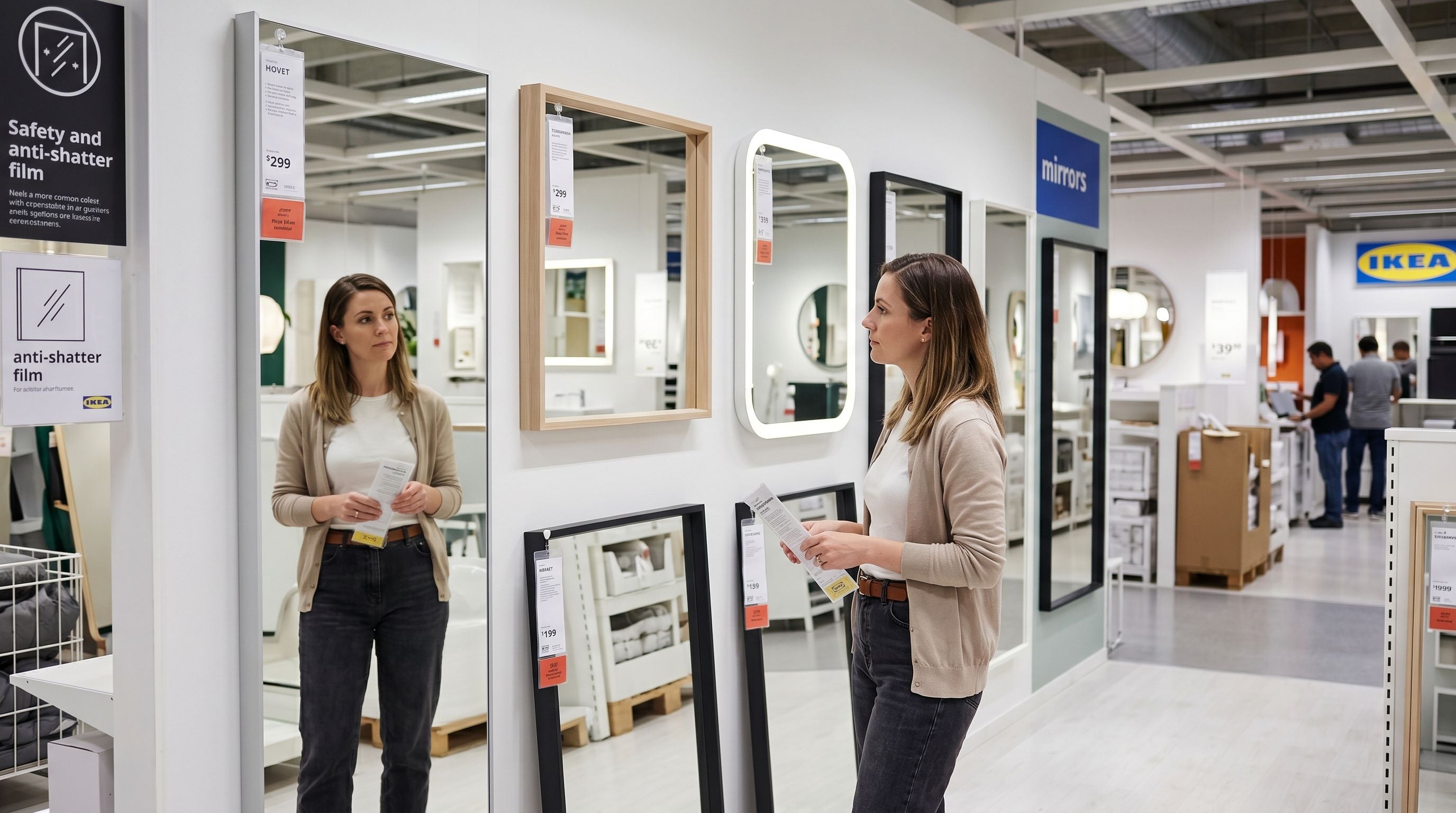 Cliente dans un magasin IKEA comparant plusieurs miroirs muraux et de plain-pied pour choisir un modèle avec pellicule anti-éclats.