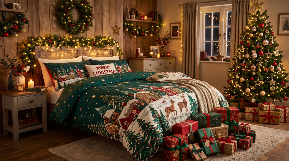 Grande chambre chaleureuse de Noël avec un lit double habillé d’une housse de couette féérique, un sapin décoré et des cadeaux au pied du lit.