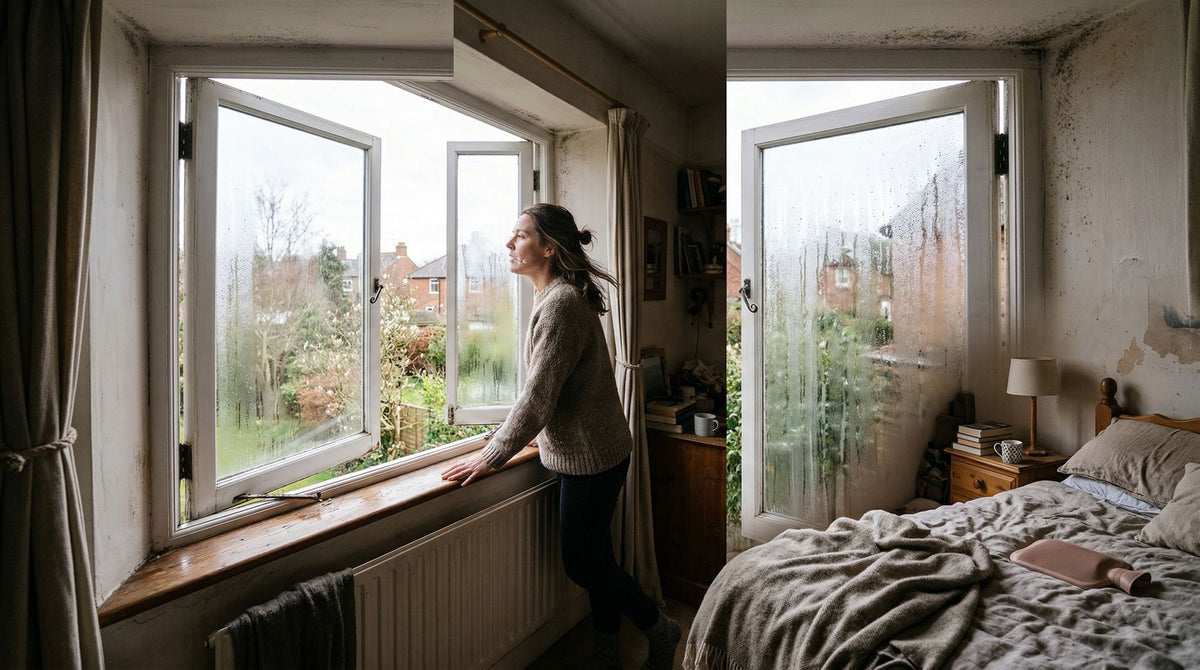 Person opening the window of a humid bedroom after winter, with condensation on the panes and mold stains in the corners.