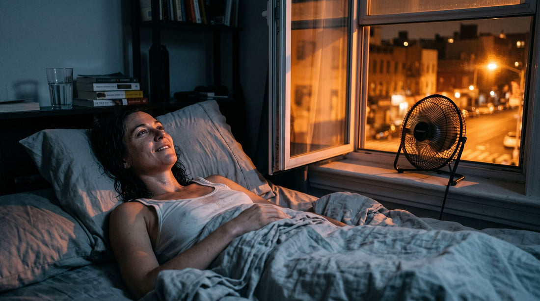 Personne allongée dans un lit en pleine canicule, ventilateur tournant et fenêtre entrouverte sur une nuit d’été étouffante en ville.