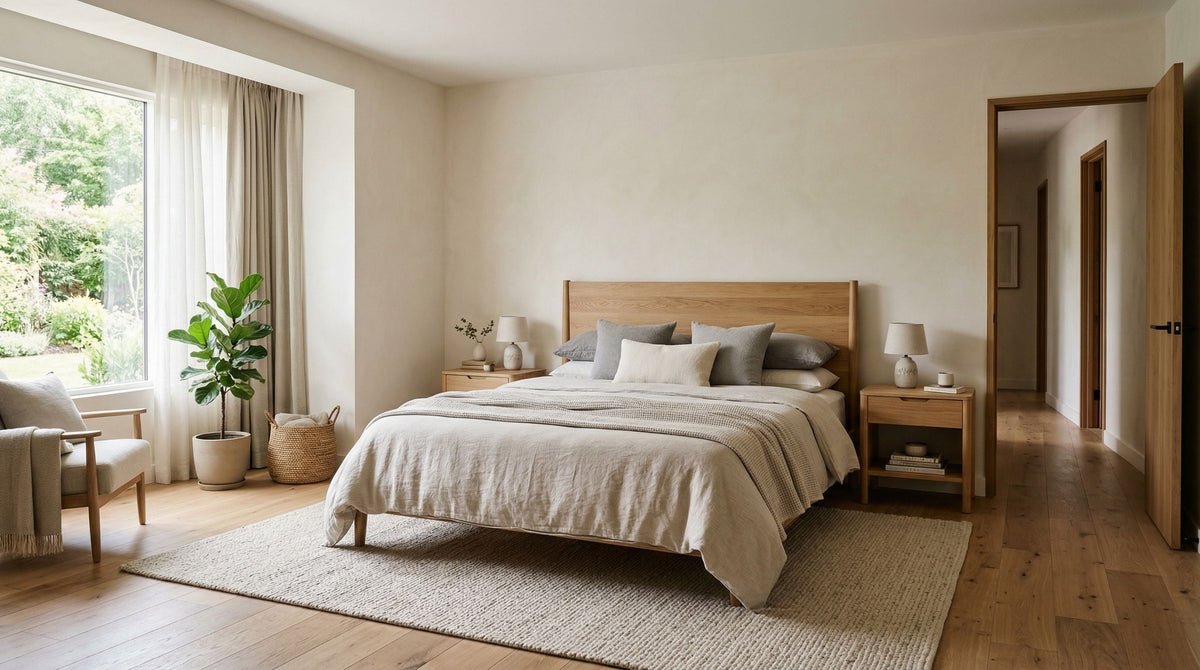 Minimalist modern bedroom with double bed in command position according to Feng Shui, soft colors and fluid circulation.