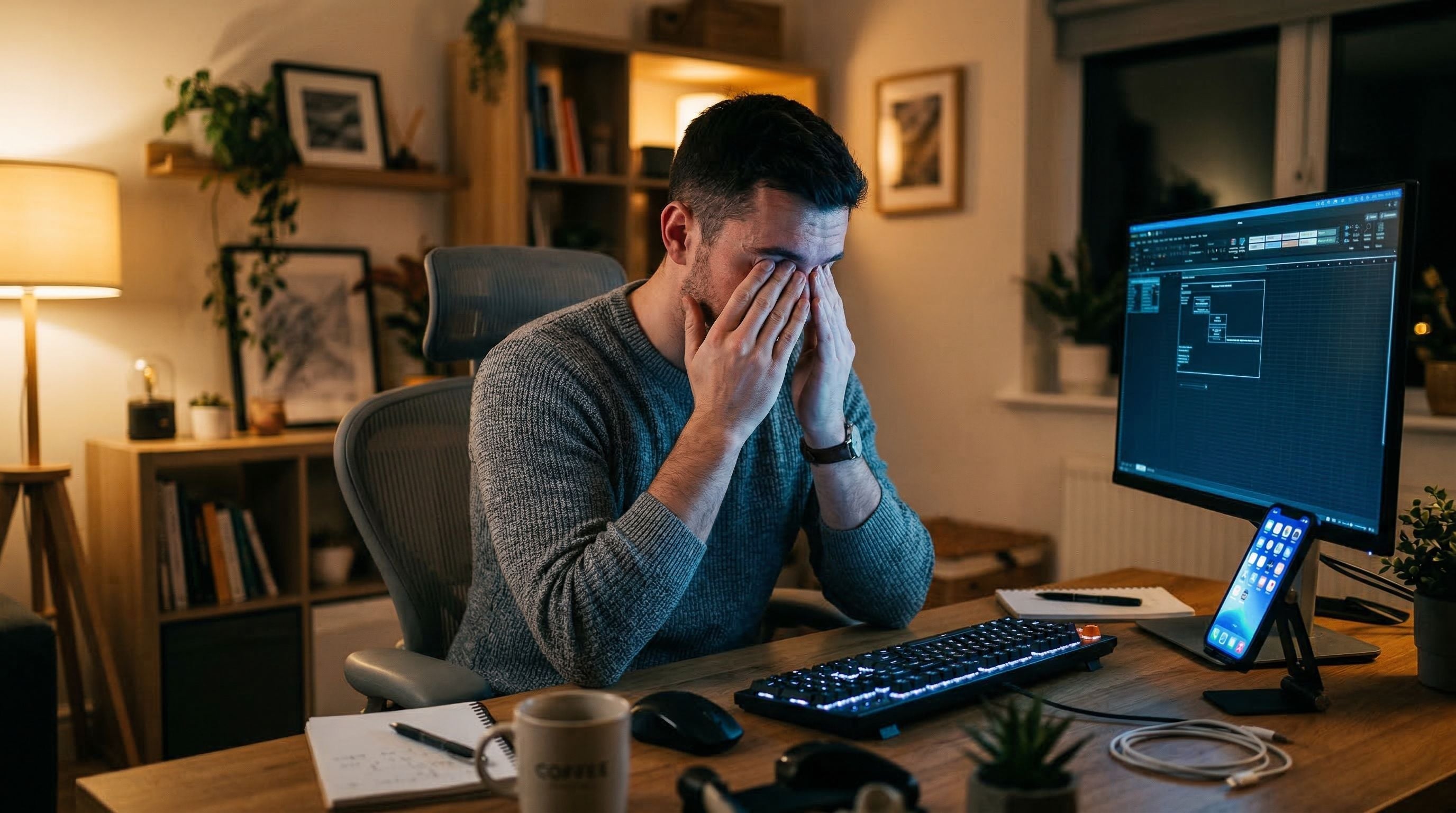 Personne assise à un bureau moderne se frotte les yeux fatigués devant un ordinateur et un smartphone lumineux, illustrant la fatigue visuelle liée aux écrans.