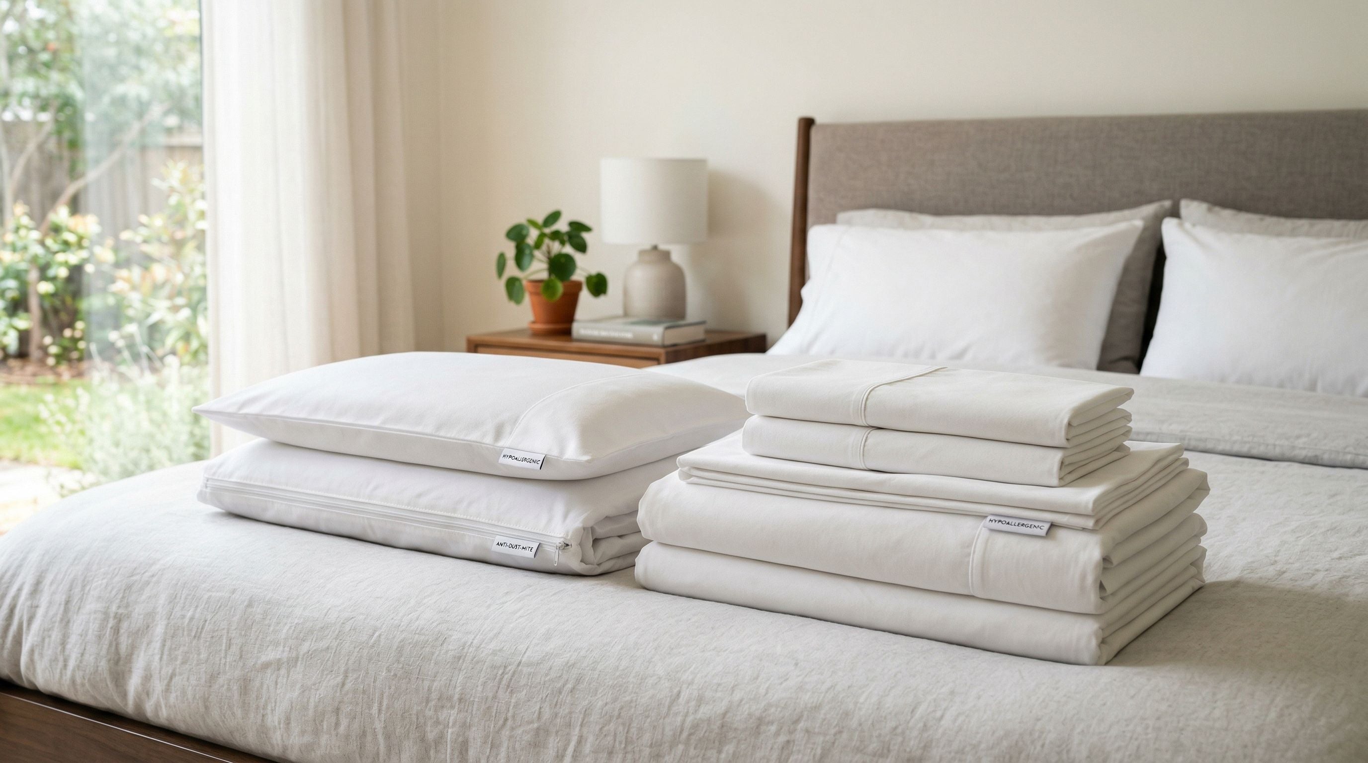 Gros plan sur un lit moderne avec deux piles de draps blancs hypoallergéniques, évoquant un choix de protections contre les acariens dans une chambre lumineuse.